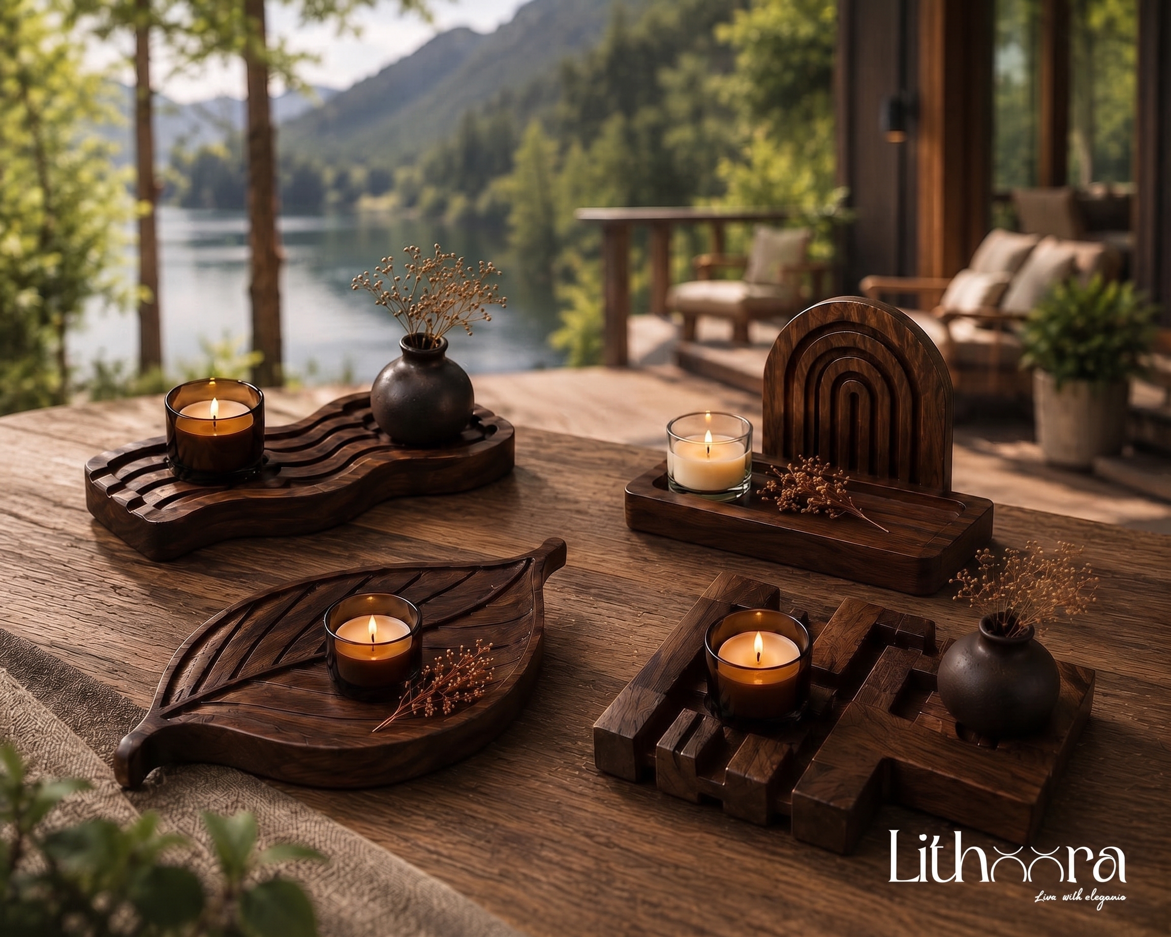 Wood Candle Tray Set