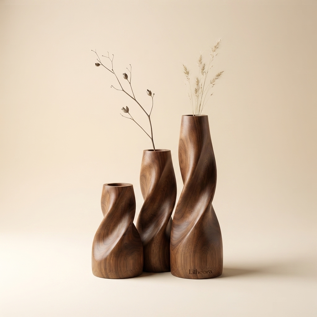 Sculpted Wood Vase Set